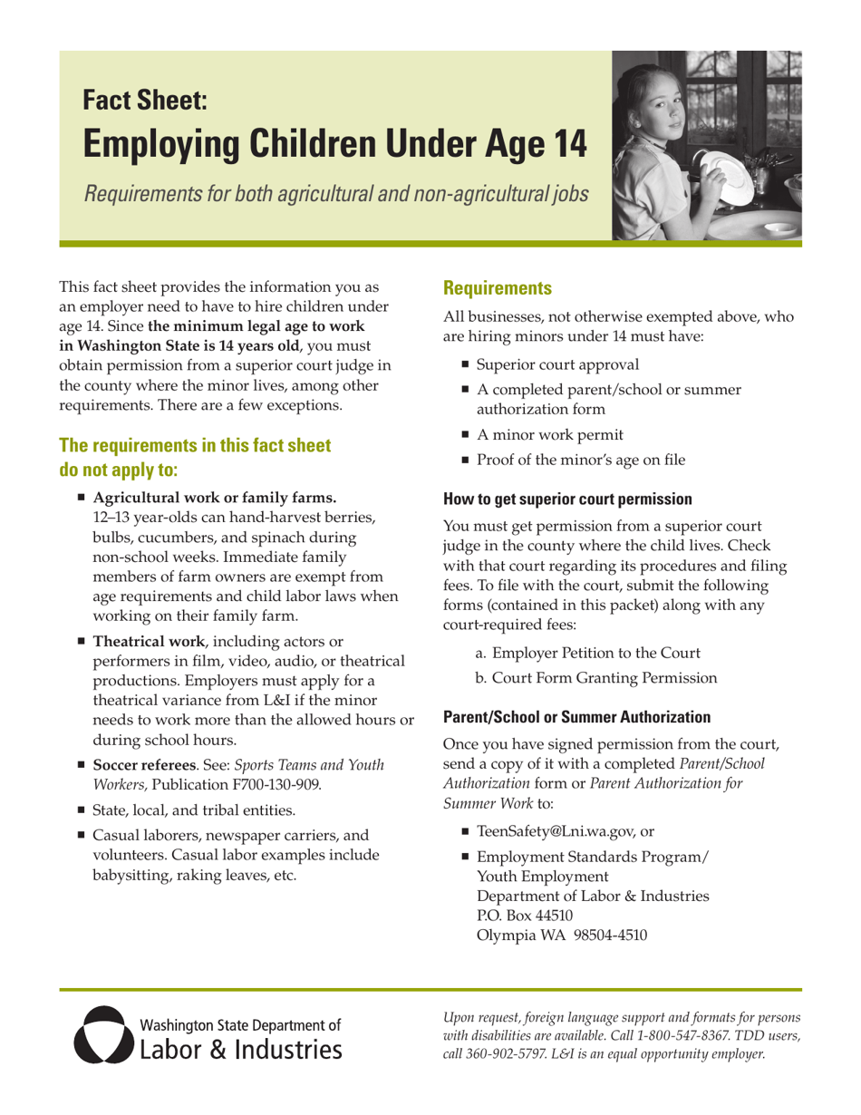 Form F700-118-000 Employer Petition to the Court for Minor Work Permit Under Age 14 - Washington, Page 1