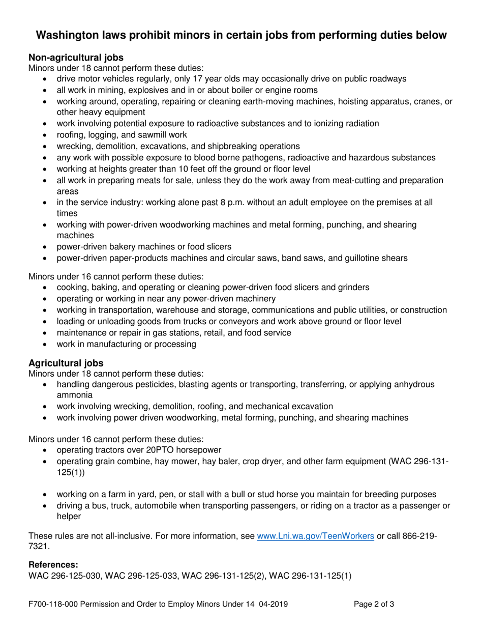 Form F700-118-000 Employer Petition to the Court for Minor Work Permit Under Age 14 - Washington, Page 4