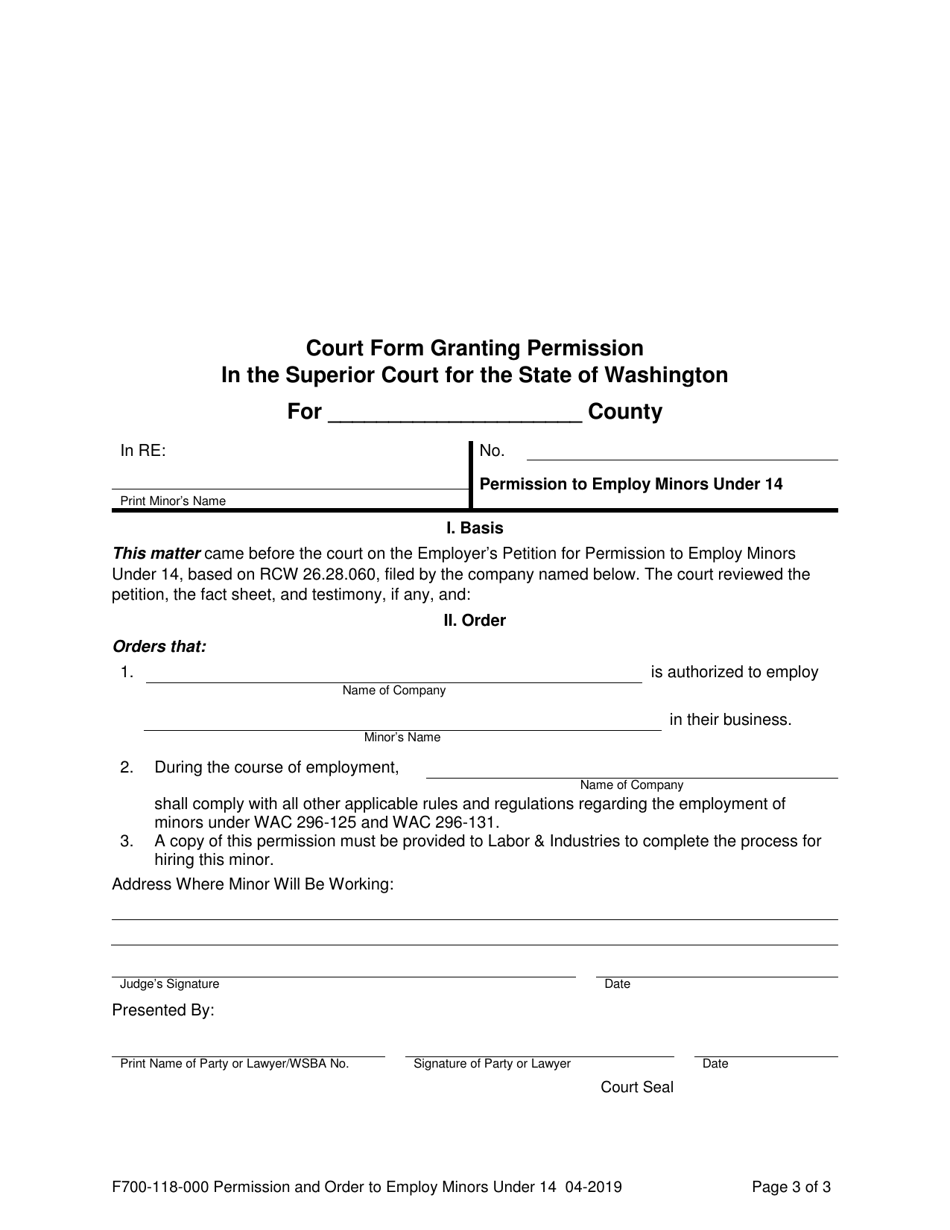 Form F700-118-000 Employer Petition to the Court for Minor Work Permit Under Age 14 - Washington, Page 5
