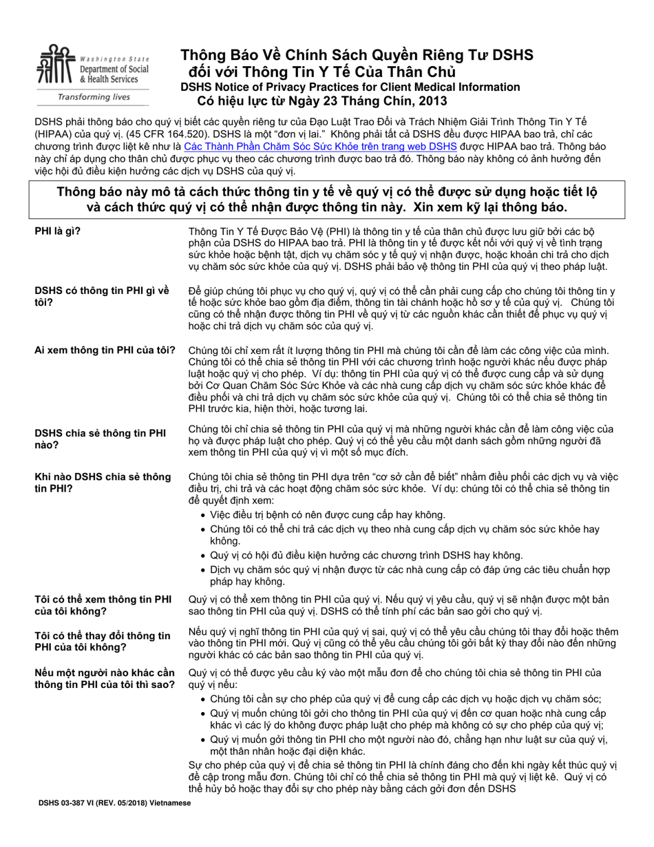 DSHS Form 03-387 Dshs Notice of Privacy Practices for Client Medical Information - Washington (Vietnamese), Page 1