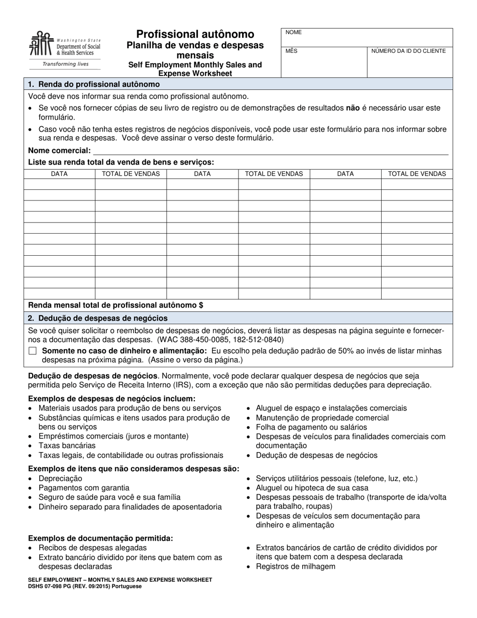 DSHS Form 07-098 Self Employment Monthly Sales and Expense Worksheet - Washington (Portuguese), Page 1