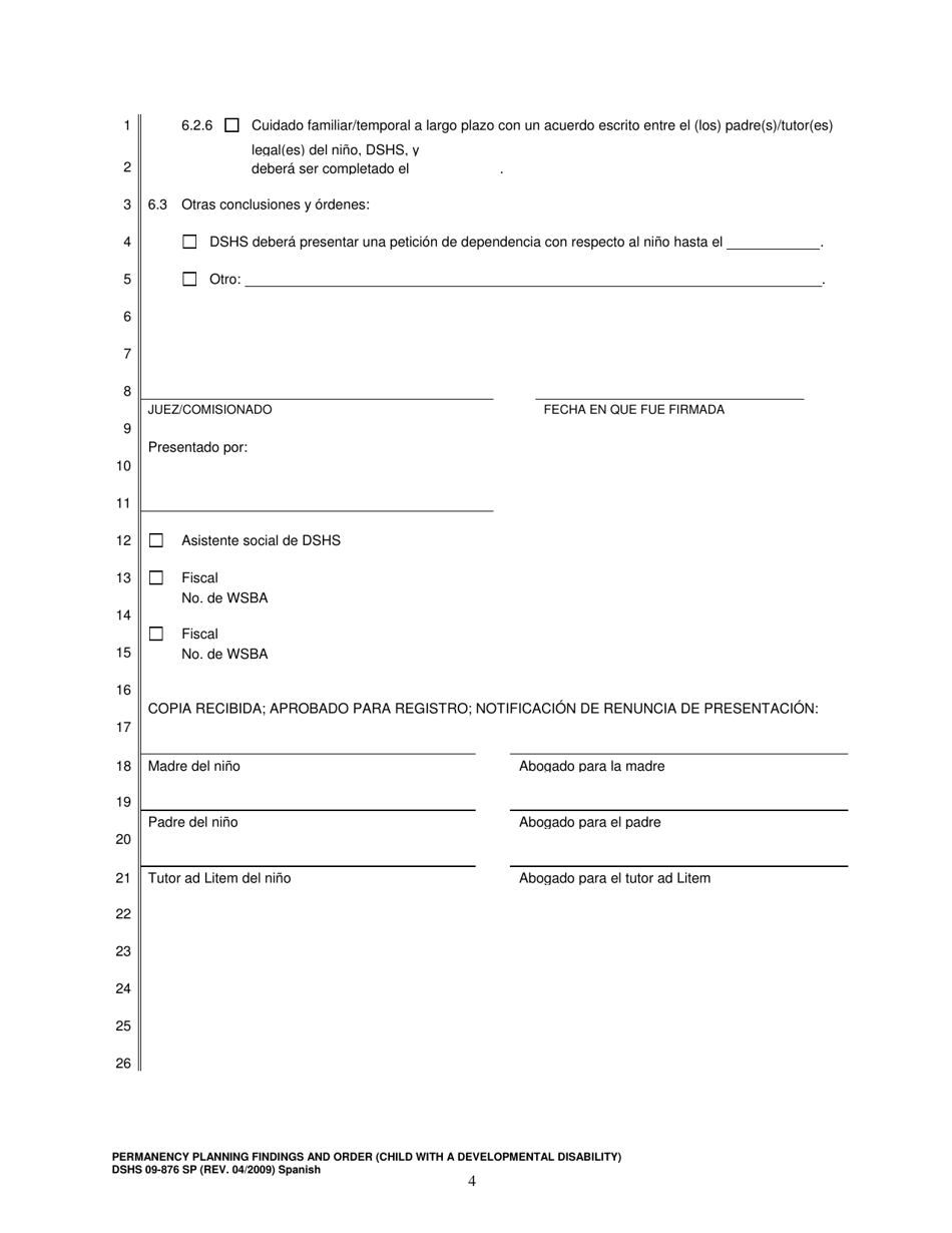 DSHS Formulario 09-876 SP Planificacion De Permanencia Conclusiones Y Orden (Nino Con Discapacidad Del Desarrollo) - Washington (Spanish), Page 4