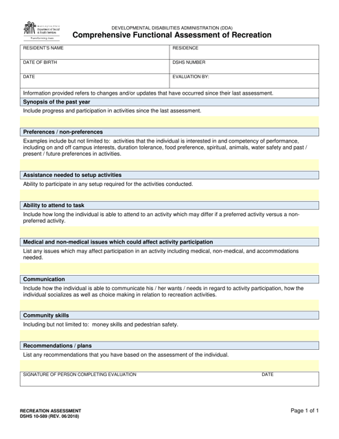 DSHS Form 10-589 Comprehensive Functional Assessment of Recreation - Washington