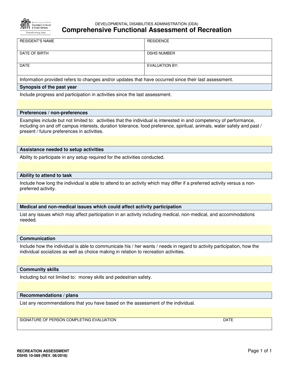 DSHS Form 10-589 Comprehensive Functional Assessment of Recreation - Washington, Page 1