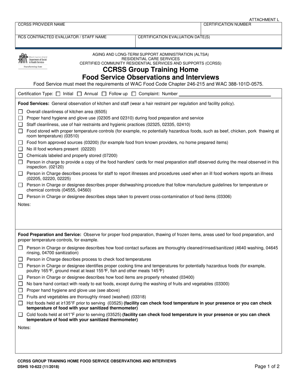 DSHS Form 10-622 Ccrss Group Training Home Food Service Observations and Interviews - Washington, Page 1