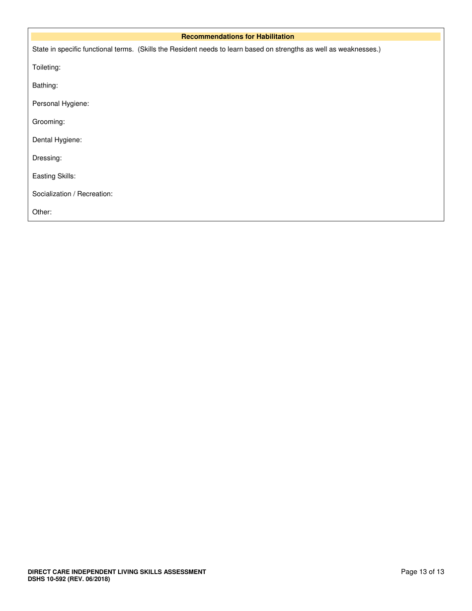 DSHS Form 10-592 Comprehensive Functional Assessment of Direct Care Independent Living Skills - Washington, Page 13