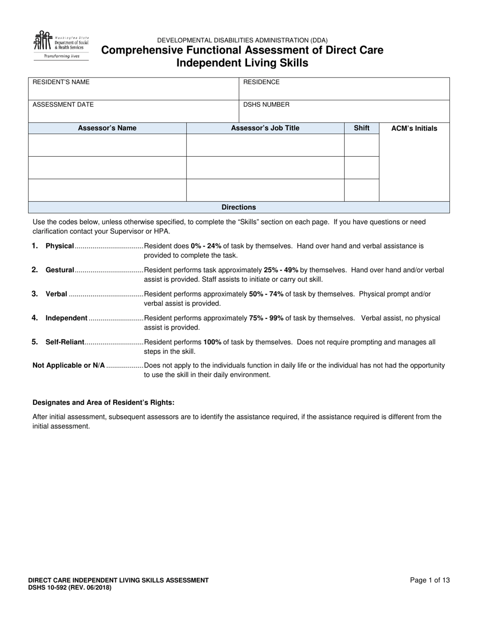 DSHS Form 10-592 Comprehensive Functional Assessment of Direct Care Independent Living Skills - Washington, Page 1
