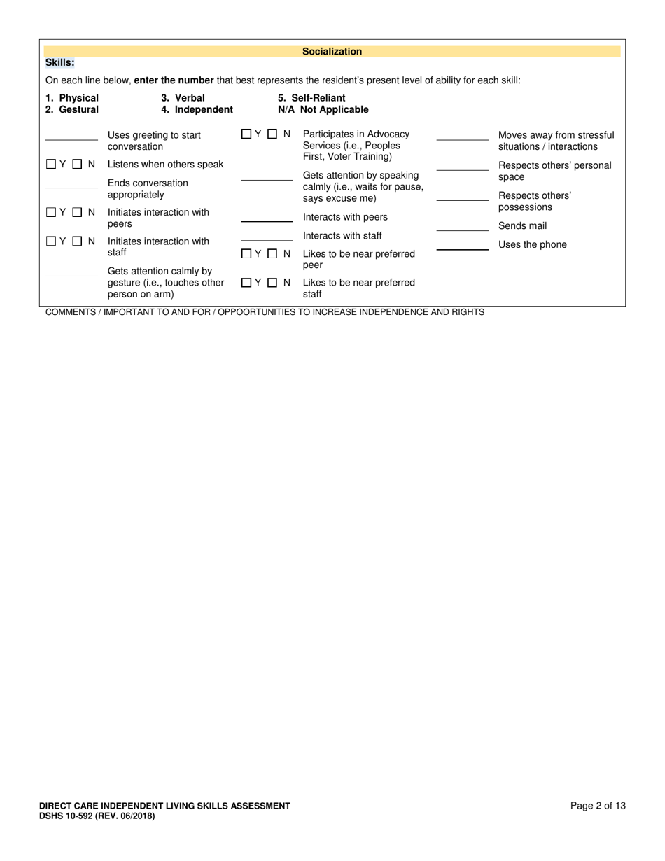 DSHS Form 10-592 Comprehensive Functional Assessment of Direct Care Independent Living Skills - Washington, Page 2
