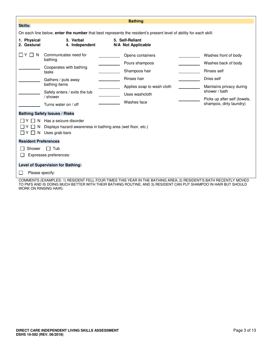DSHS Form 10-592 Comprehensive Functional Assessment of Direct Care Independent Living Skills - Washington, Page 3