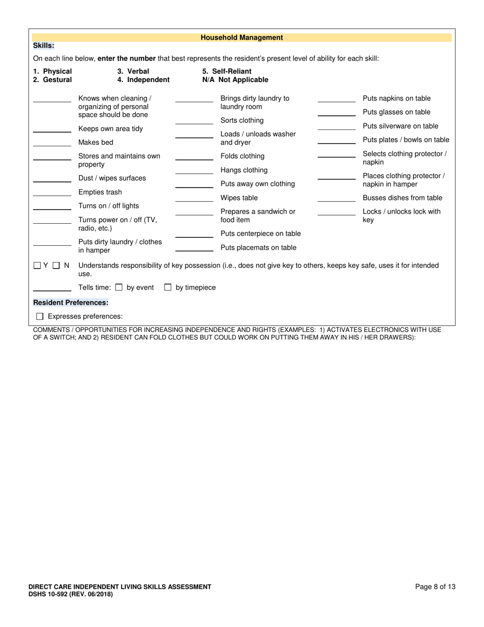 DSHS Form 10-592 Comprehensive Functional Assessment of Direct Care Independent Living Skills - Washington, Page 8