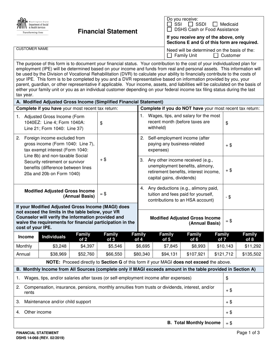 DSHS Form 14-068 Financial Statement (Division of Vocational Rehabilitation) - Washington, Page 1