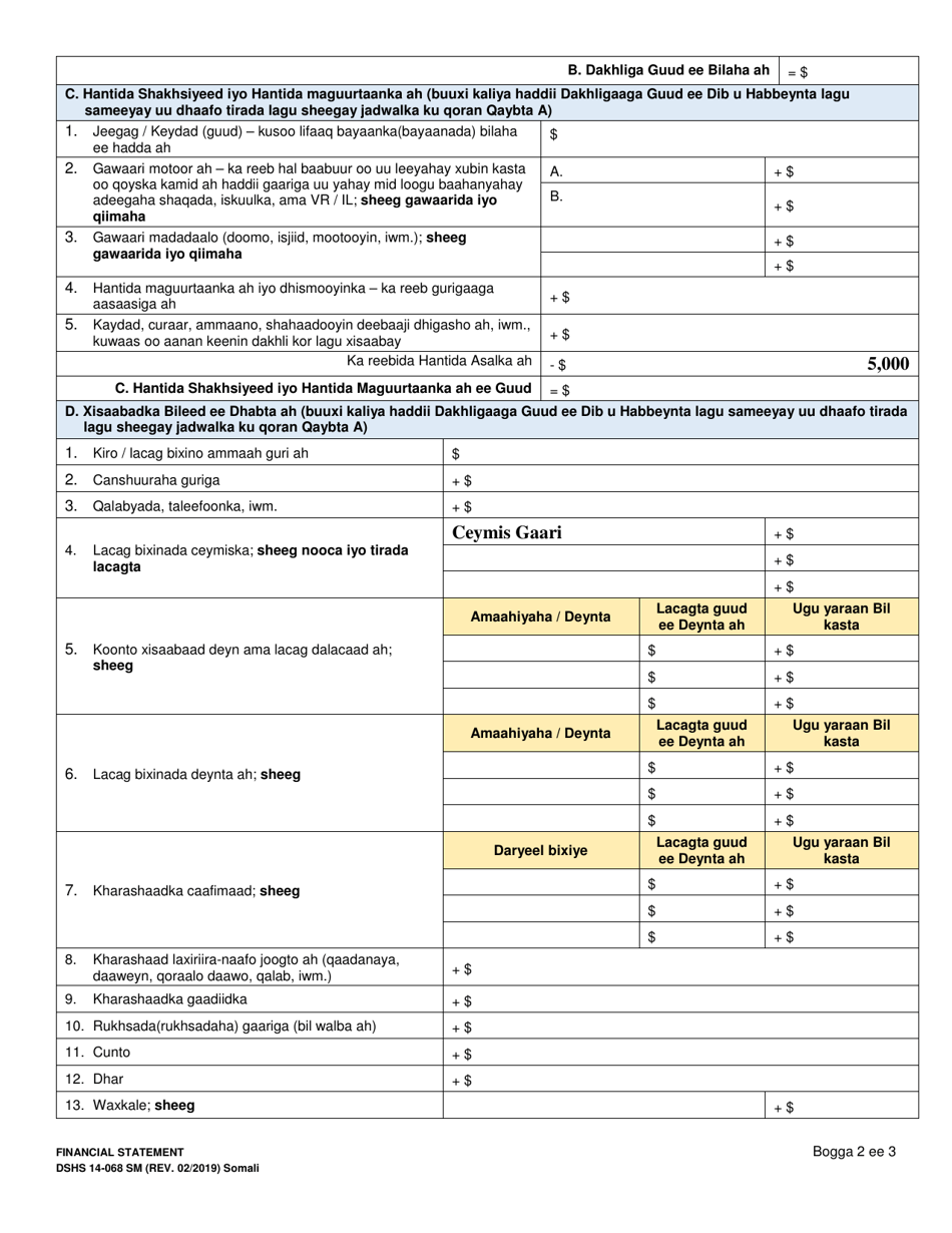 DSHS Form 14-068 Financial Statement (Division of Vocational Rehabilitation) - Washington (Somali), Page 2
