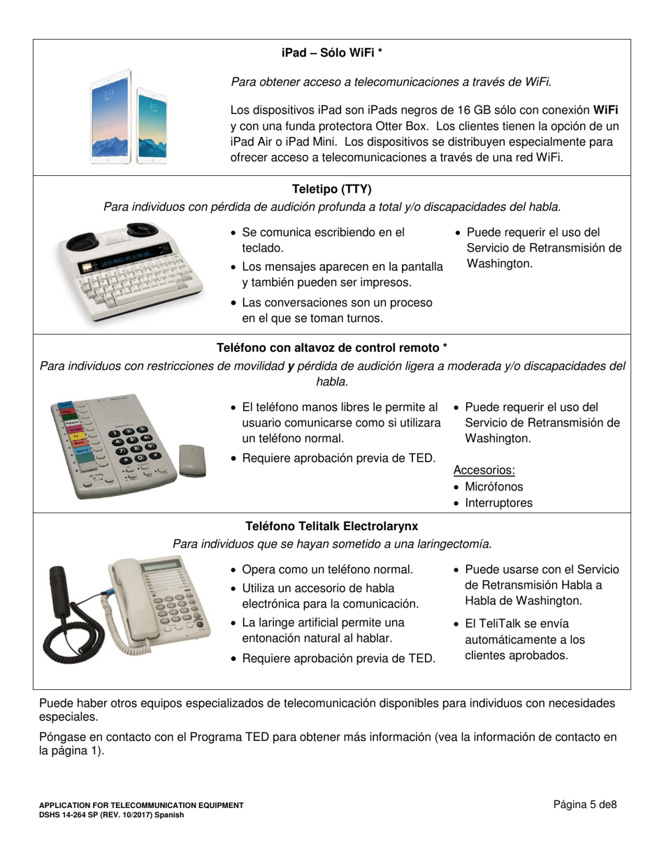 DSHS Formulario 14-264 SP Solicitud De Equipo De Telecomunicacion - Washington (Spanish), Page 5