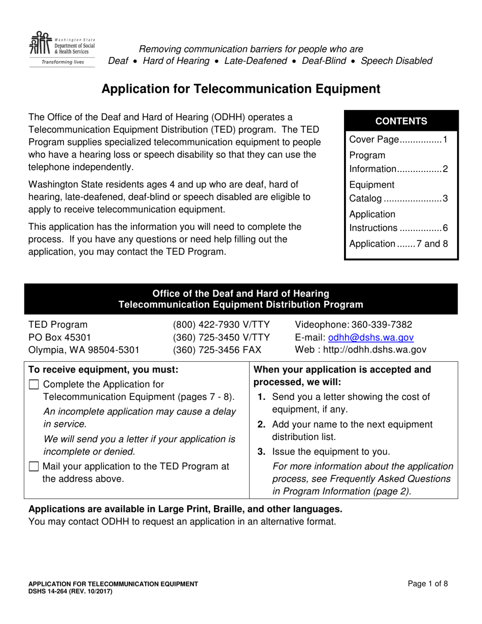 DSHS Form 14-264 Application for Telecommunication Equipment - Washington, Page 1