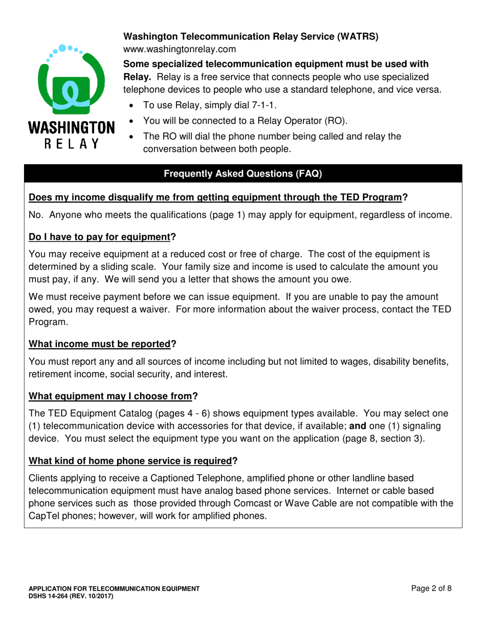 DSHS Form 14-264 Application for Telecommunication Equipment - Washington, Page 2