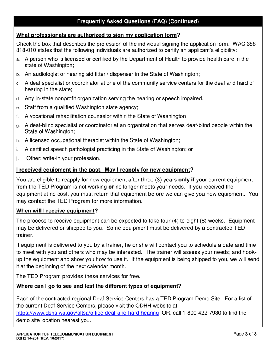 DSHS Form 14-264 Application for Telecommunication Equipment - Washington, Page 3