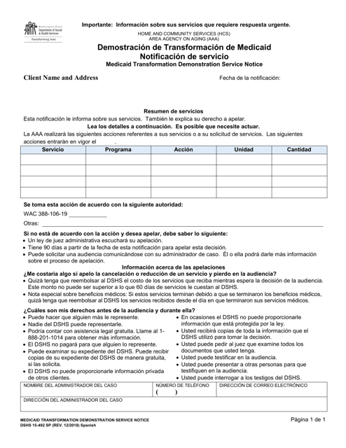 Formulario 15-492 SP Demostracion De Transformacion De Medicaid Notificacion De Servicio - Washington (Spanish)