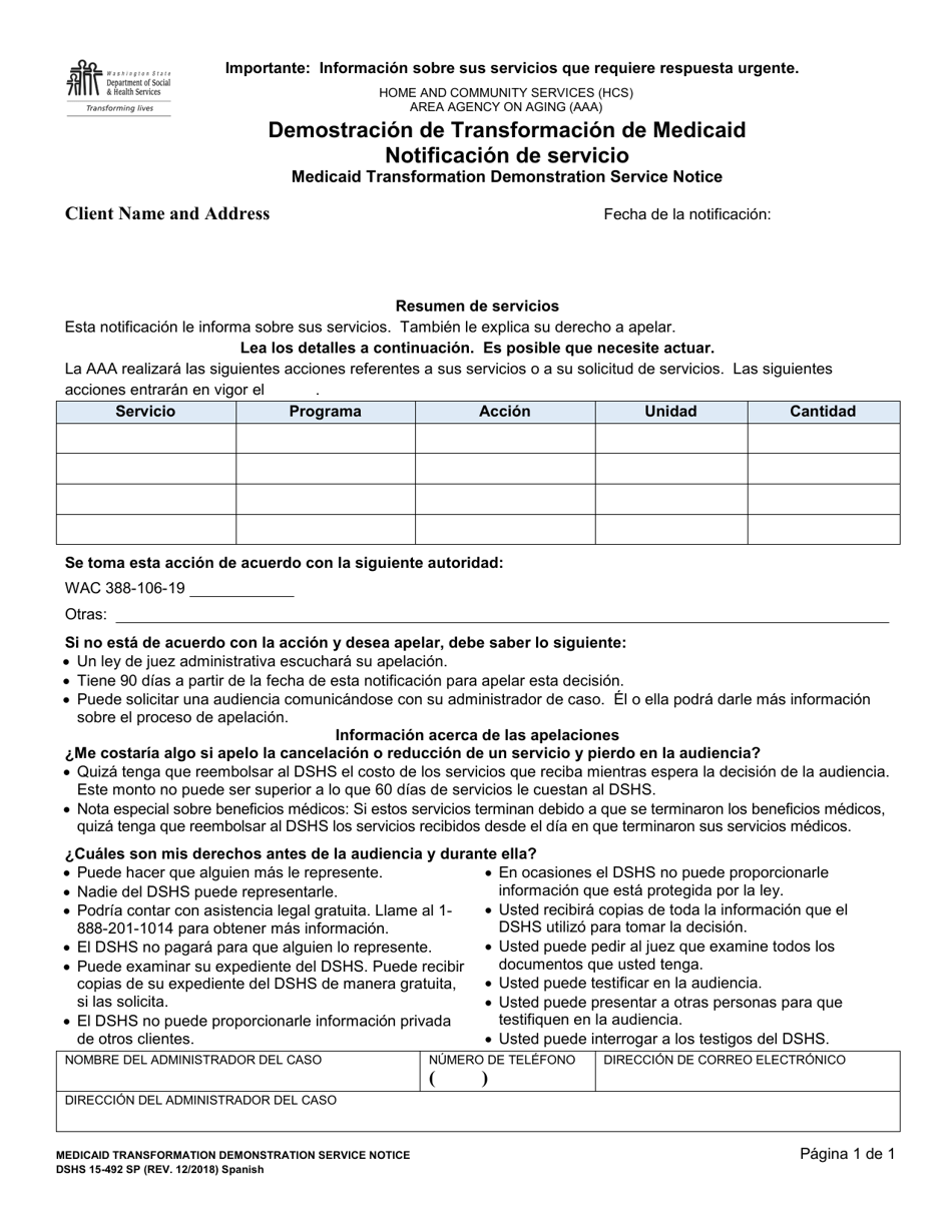 Formulario 15-492 SP Demostracion De Transformacion De Medicaid Notificacion De Servicio - Washington (Spanish), Page 1