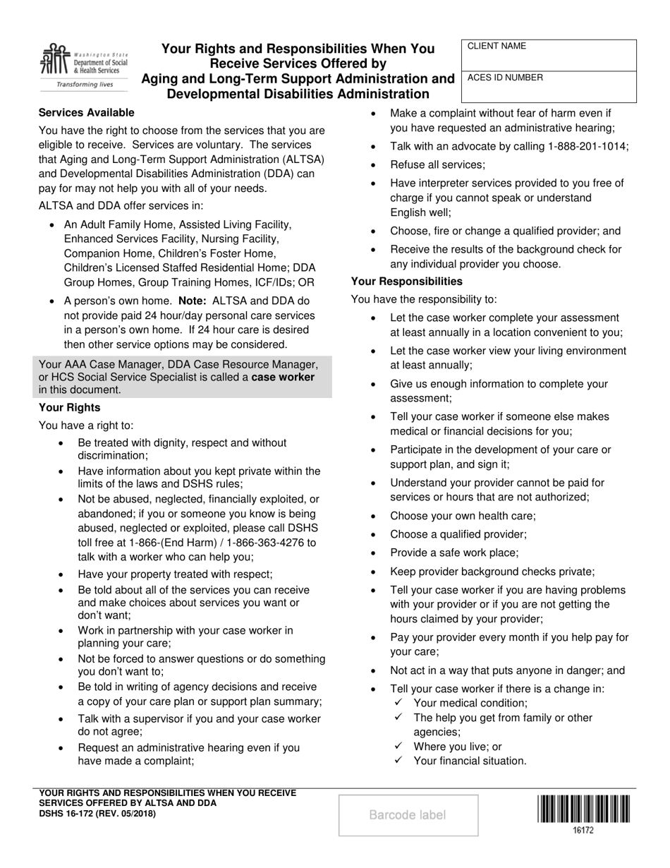 DSHS Form 16-172 Your Rights and Responsibilities When You Receive Services Offered by Aging and Long-Term Support Administration and Developmental Disabilities Administration - Washington, Page 1