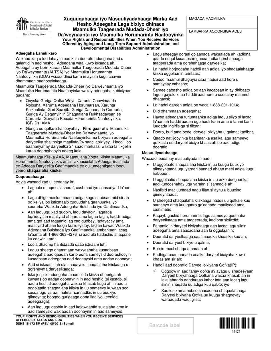 DSHS Form 16-172 Your Rights and Responsibilities When You Receive Services Offered by Aging and Long-Term Support Administration and Developmental Disabilities Administration - Washington (Somali), Page 1