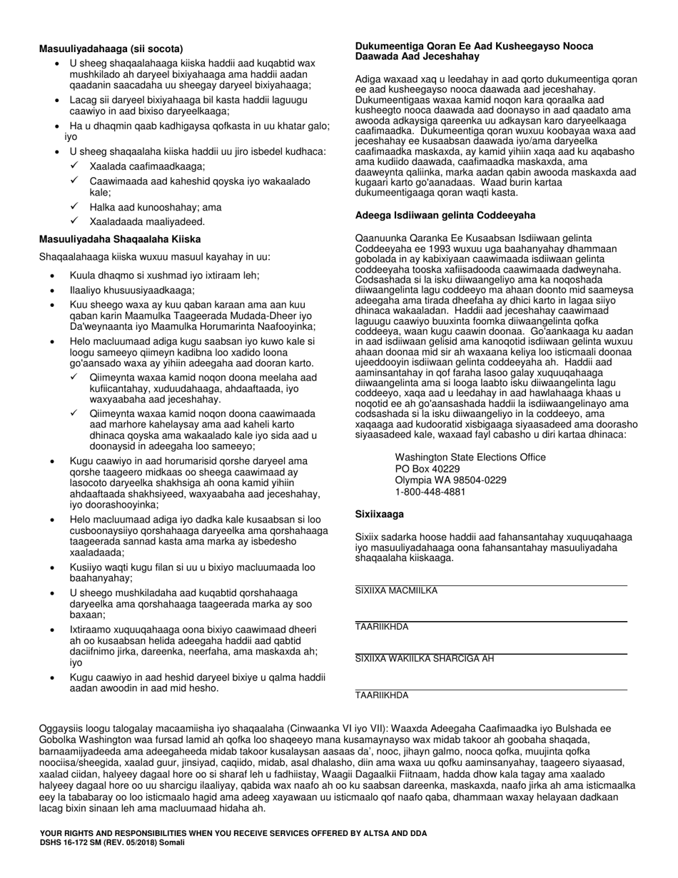 DSHS Form 16-172 Your Rights and Responsibilities When You Receive Services Offered by Aging and Long-Term Support Administration and Developmental Disabilities Administration - Washington (Somali), Page 2