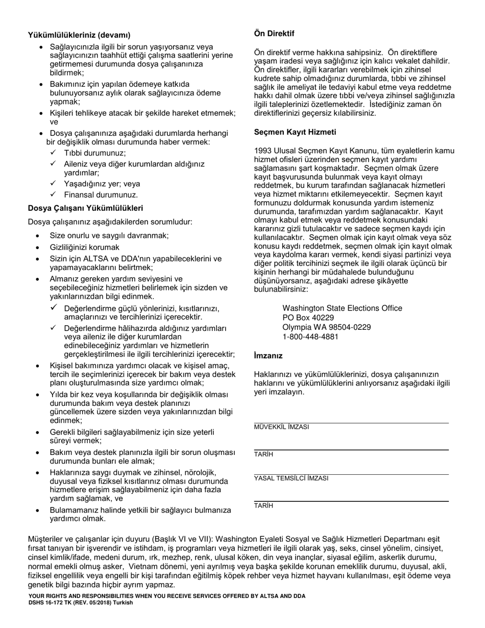 DSHS Form 16-172 Your Rights and Responsibilities When You Receive Services Offered by Aging and Long-Term Support Administration and Developmental Disabilities Administration - Washington (Turkish), Page 2