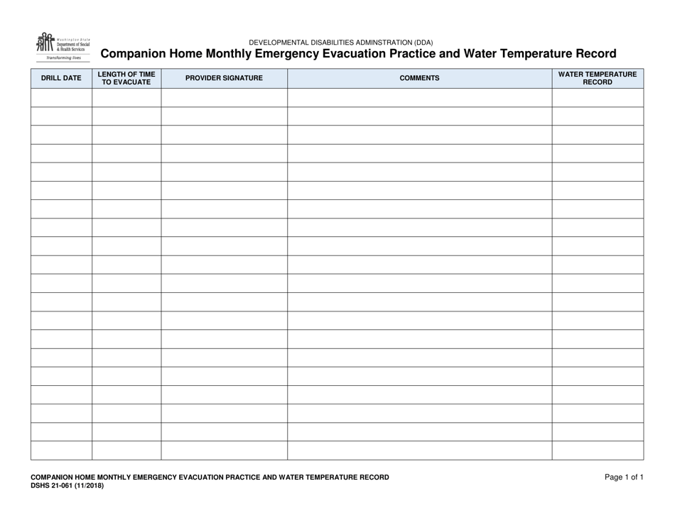 DSHS Form 21-061 Companion Home Monthly Emergency Evacuation Practice and Water Temperature Record - Washington, Page 1