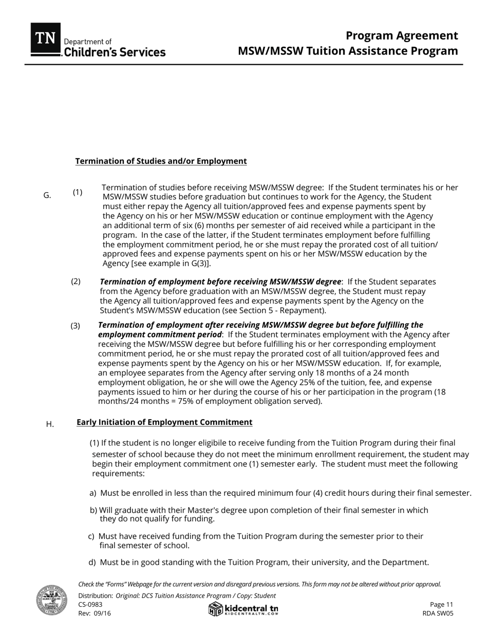 Form CS-0983 Program Agreement - Msw / Mssw Tuition Assistance Program - Tennessee, Page 11
