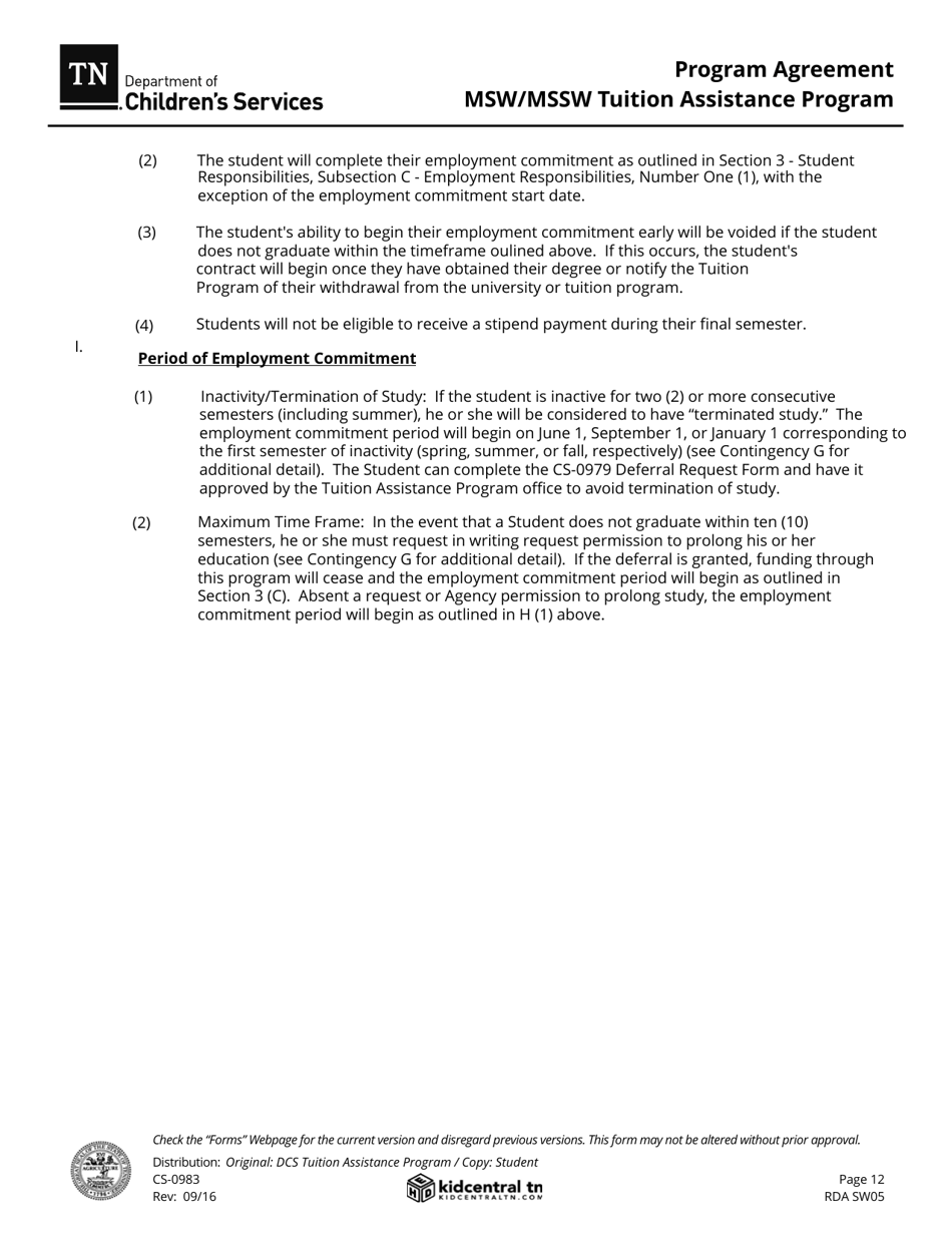 Form CS-0983 Program Agreement - Msw / Mssw Tuition Assistance Program - Tennessee, Page 12