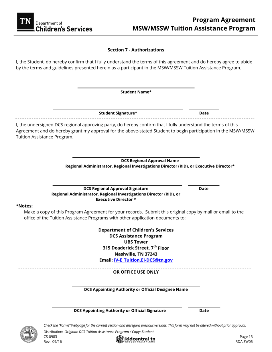 Form CS-0983 Program Agreement - Msw / Mssw Tuition Assistance Program - Tennessee, Page 13