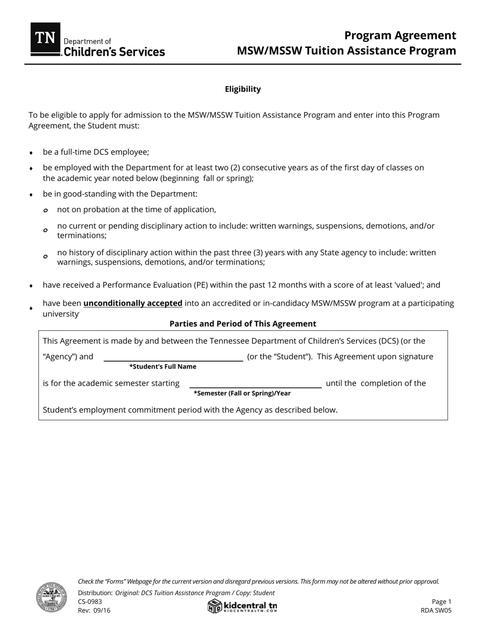 Form CS-0983 Program Agreement - Msw / Mssw Tuition Assistance Program - Tennessee, Page 1