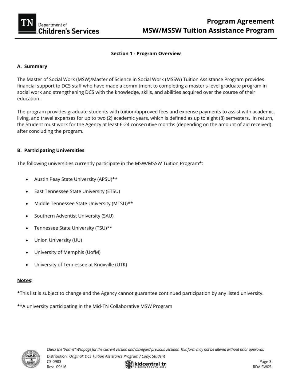 Form CS-0983 Program Agreement - Msw / Mssw Tuition Assistance Program - Tennessee, Page 3