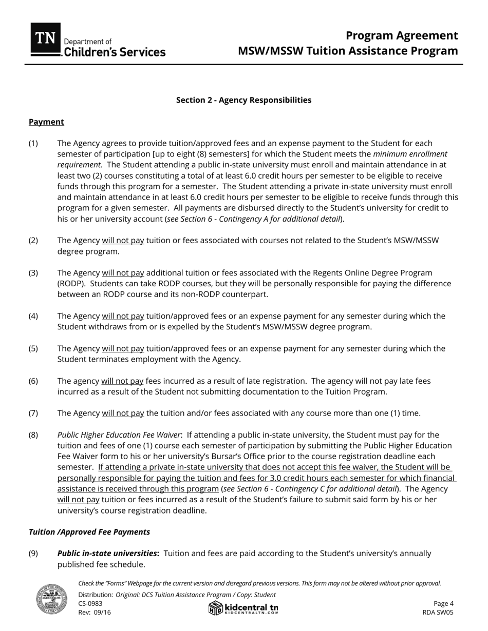 Form CS-0983 Program Agreement - Msw / Mssw Tuition Assistance Program - Tennessee, Page 4