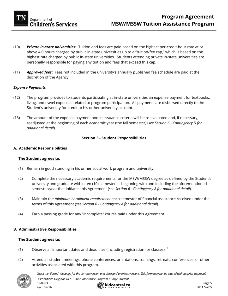 Form CS-0983 Program Agreement - Msw / Mssw Tuition Assistance Program - Tennessee, Page 5