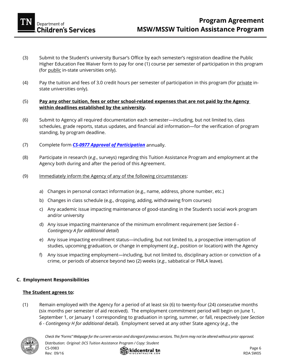 Form CS-0983 Program Agreement - Msw / Mssw Tuition Assistance Program - Tennessee, Page 6