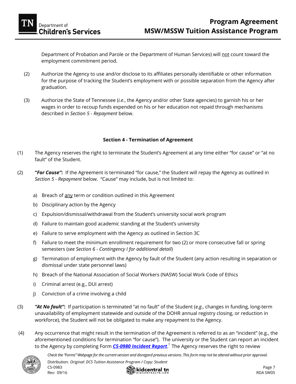 Form CS-0983 Program Agreement - Msw / Mssw Tuition Assistance Program - Tennessee, Page 7