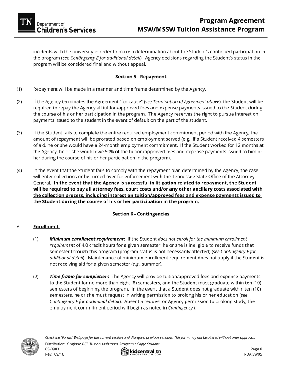 Form CS-0983 Program Agreement - Msw / Mssw Tuition Assistance Program - Tennessee, Page 8