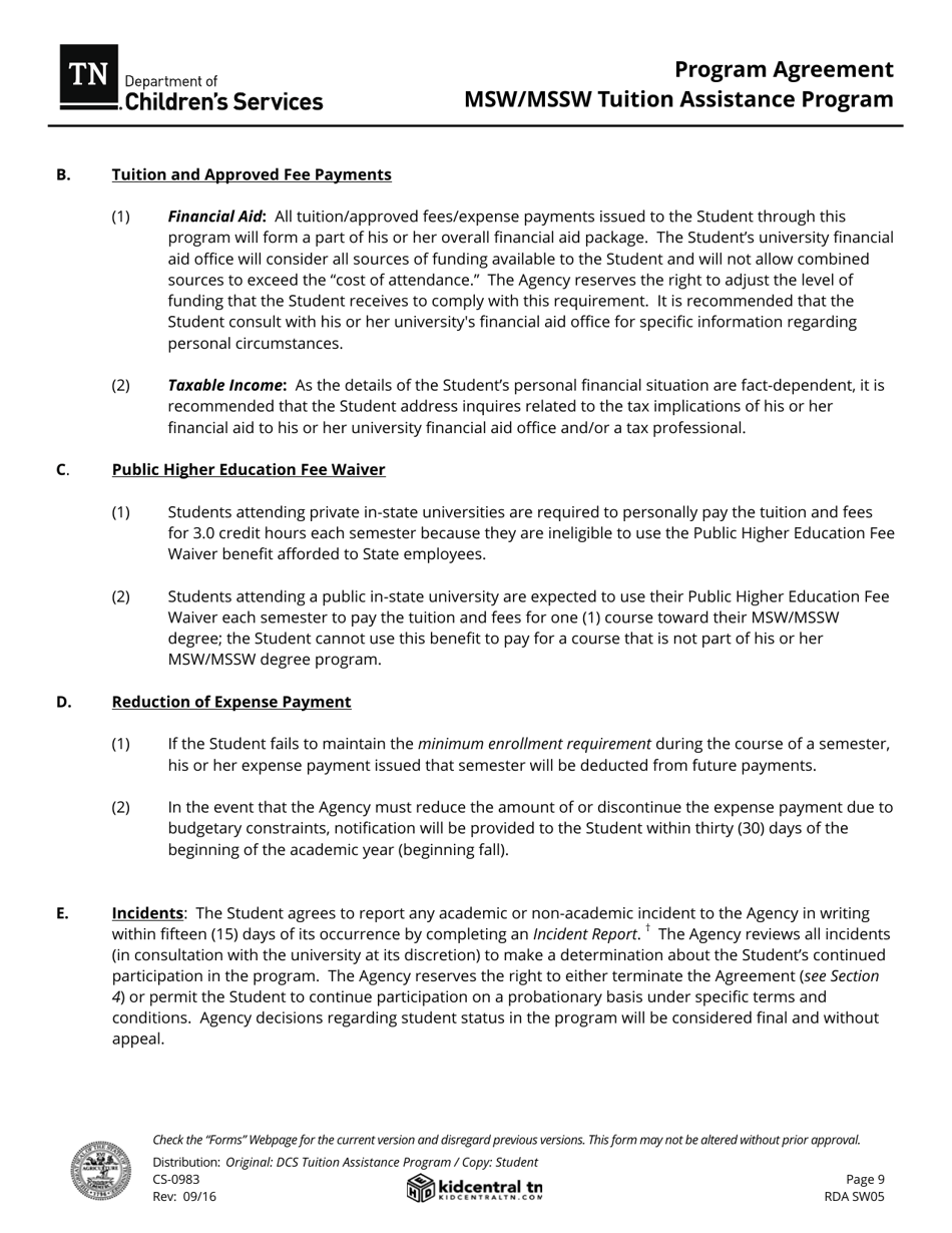 Form CS-0983 Program Agreement - Msw / Mssw Tuition Assistance Program - Tennessee, Page 9