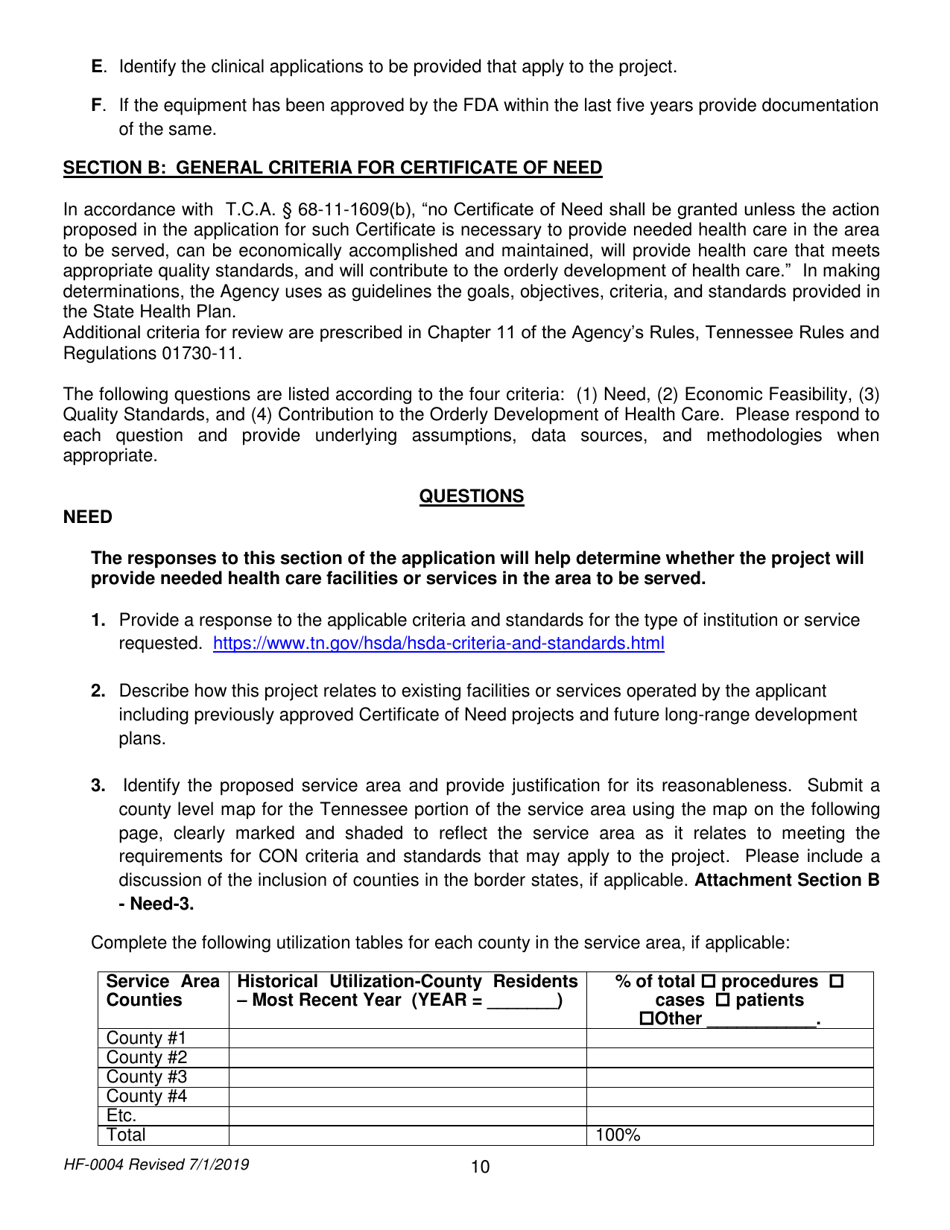 Form HF-0004 Certificate of Need Application - Tennessee, Page 10