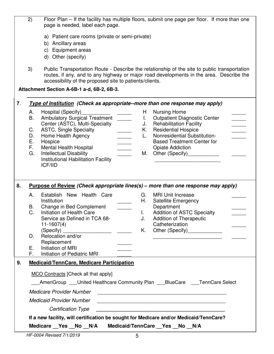 Form HF-0004 Certificate of Need Application - Tennessee, Page 5