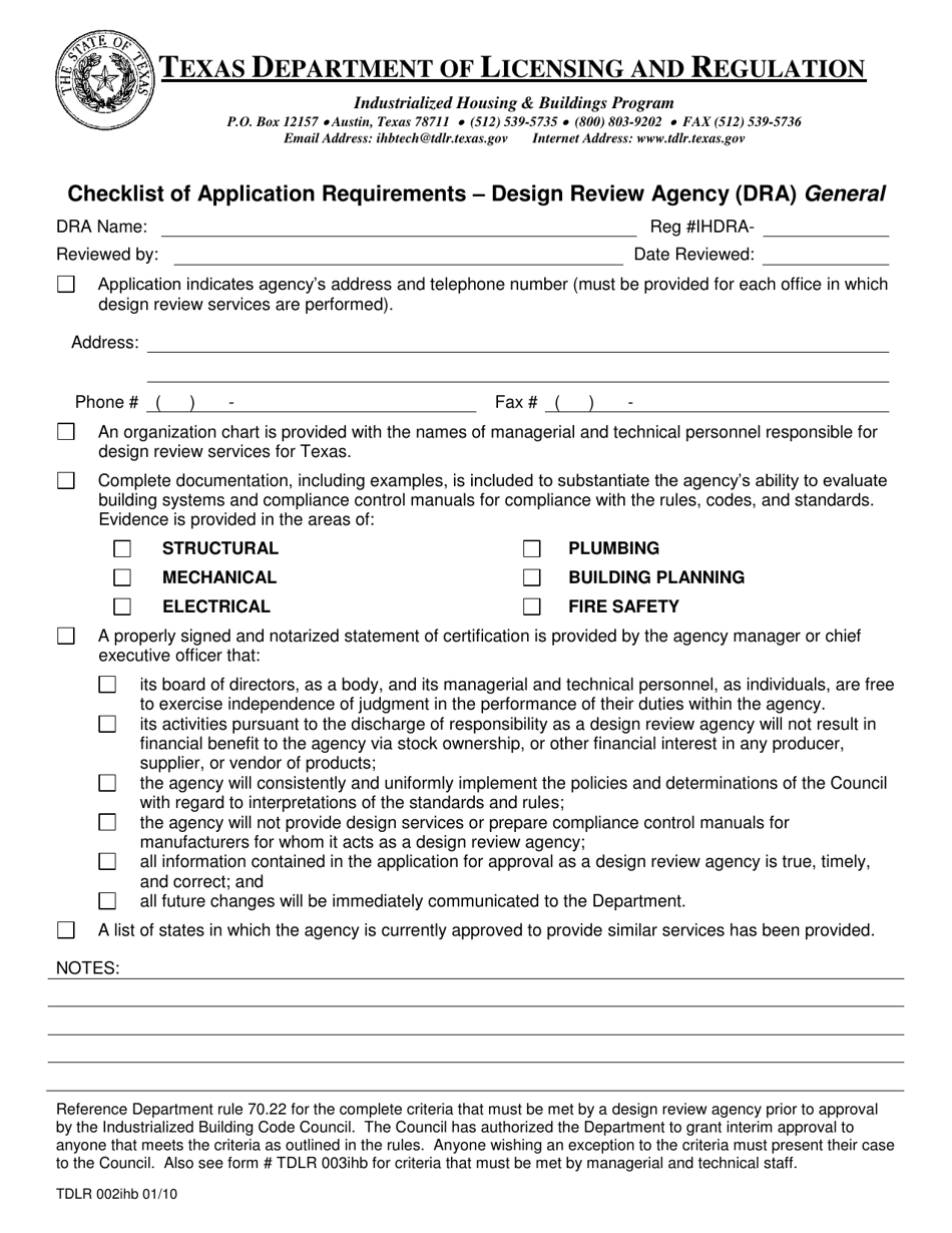 TDLR Form 002IHB Checklist of Application Requirements - Design Review Agency (Dra) General - Texas, Page 1