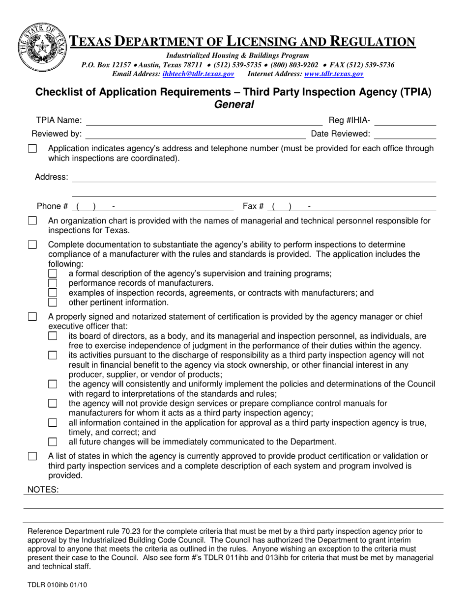 TDLR Form 010IHB Checklist of Application Requirements - Third Party Inspection Agency (Tpia) - General - Texas, Page 1