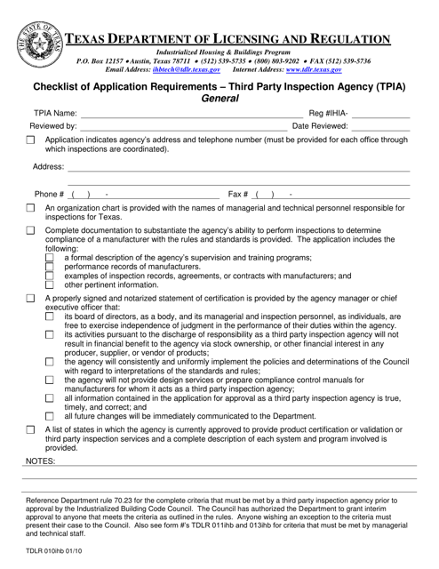 TDLR Form 010IHB Checklist of Application Requirements - Third Party Inspection Agency (Tpia) - General - Texas