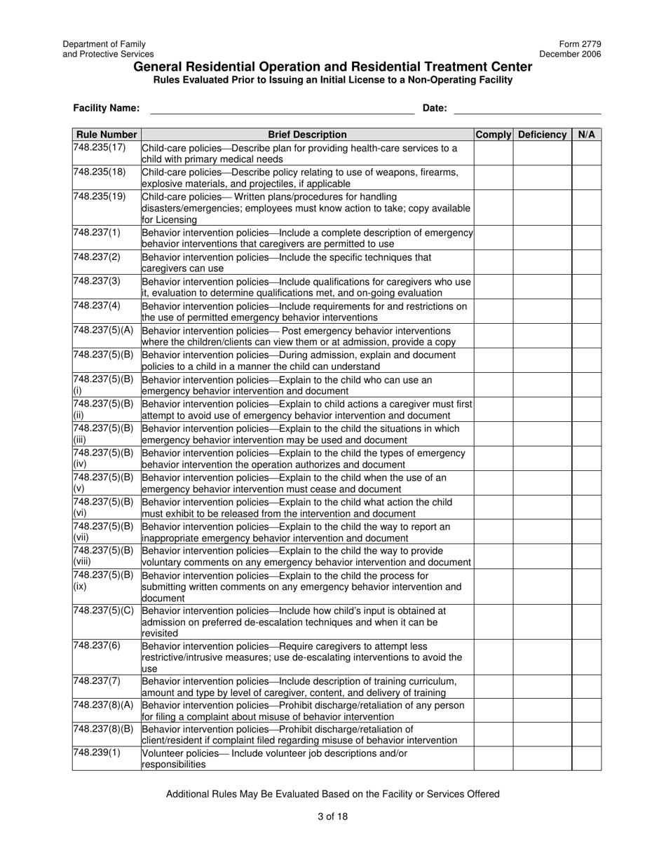 Form 2779 General Residential Operation and Residential Treatment Center - Texas, Page 3