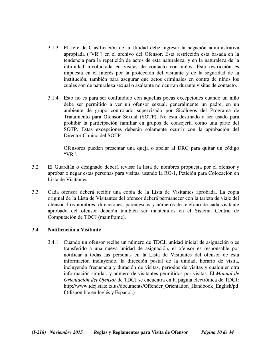 Formulario I-218 Tdcj Plan Visita De Ofensor Afidavit Nino No Victima - Texas (Spanish), Page 10