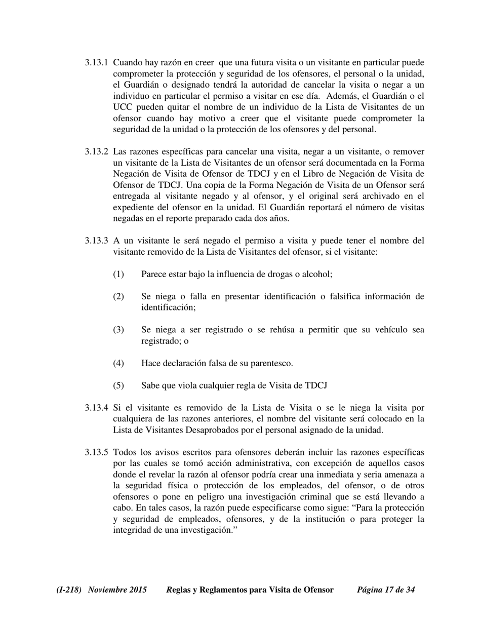 Formulario I-218 Tdcj Plan Visita De Ofensor Afidavit Nino No Victima - Texas (Spanish), Page 17