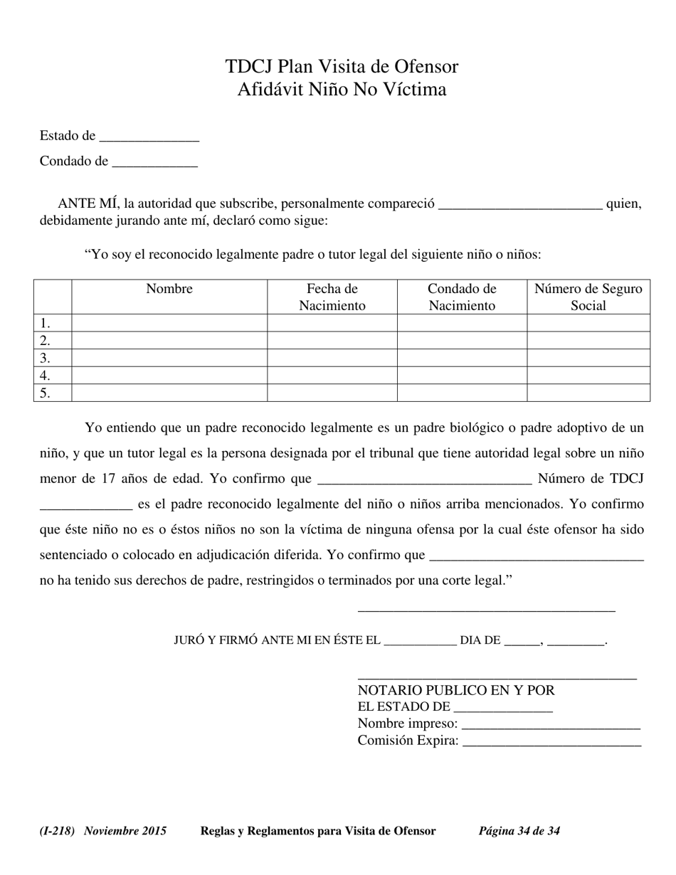 Formulario I-218 Tdcj Plan Visita De Ofensor Afidavit Nino No Victima - Texas (Spanish), Page 34