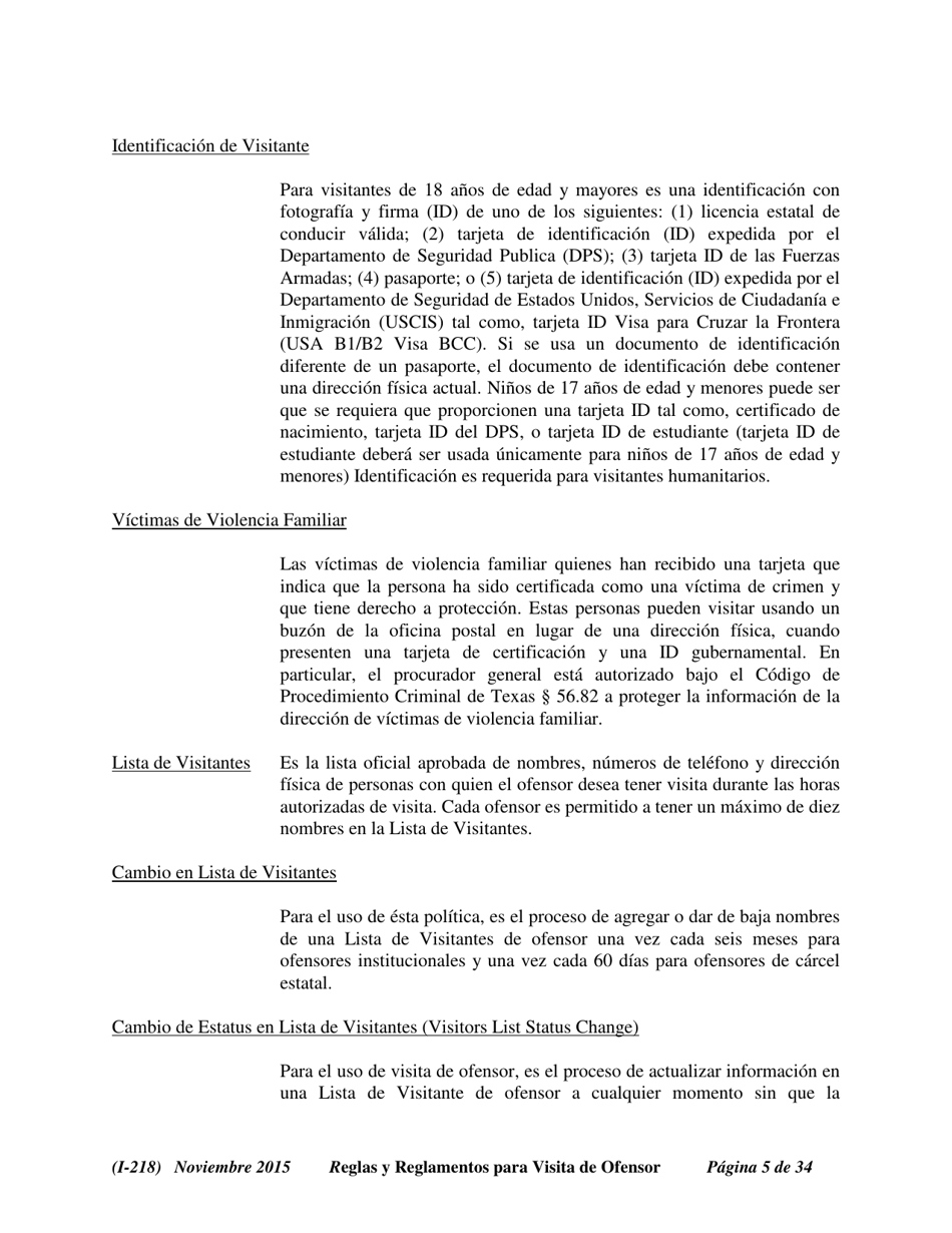 Formulario I-218 Tdcj Plan Visita De Ofensor Afidavit Nino No Victima - Texas (Spanish), Page 5