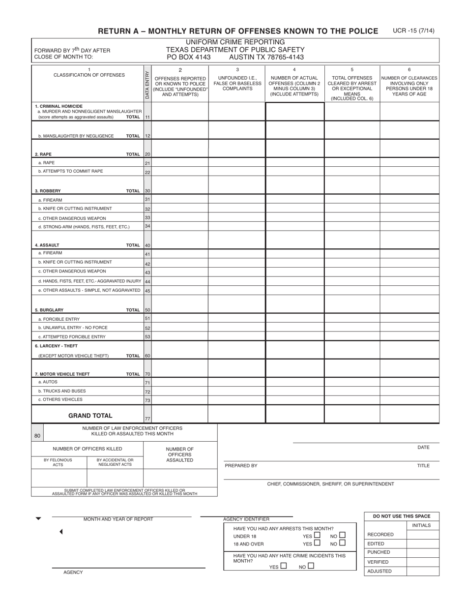 Form UCR-15 Return a - Monthly Return of Offenses Known to the Police - Texas, Page 1