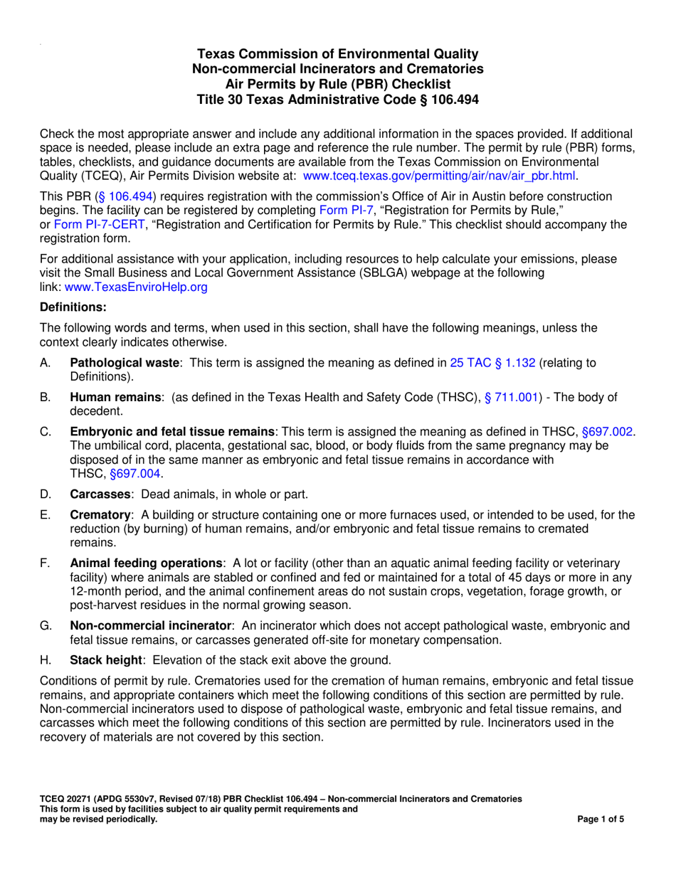 Form TCEQ-20271 Non-commercial Incinerators and Crematories Air Permits by Rule (Pbr) Checklist - Texas, Page 1